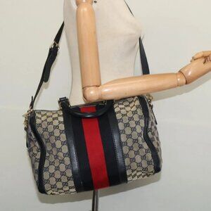 GUCCI GG Canvas Sherry Line Boston Bag Navy Gold